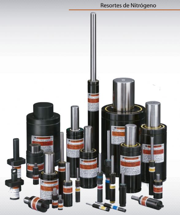Resortes de Nitrógeno  Muelles de gas con la fuerza aumentada, super-compacto, para alturas reducidas, SPC con estrangulador, roscados, para temperaturas de trabajo hasta 180°C, LCF con amortiguación, controlados, Sistemas de recipientes planos a presión.